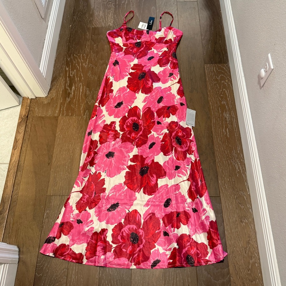 Lulu's Pink & Red Floral Slip Maxi side zipper Dress - Picture 2 of 12